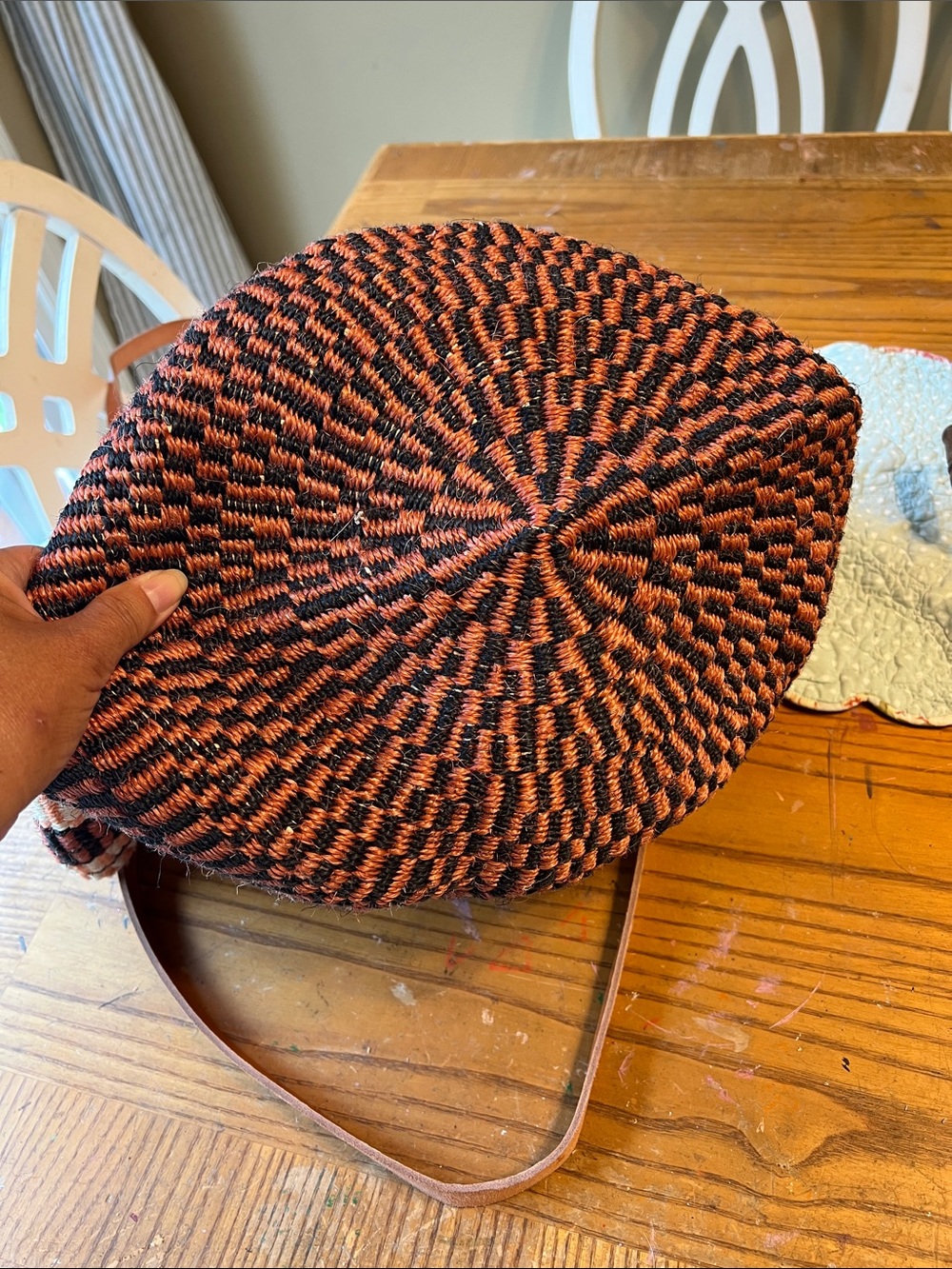 Woven Striped Tote Bag with Leather Straps - Peach & Cream and Black - Picture 5 of 5